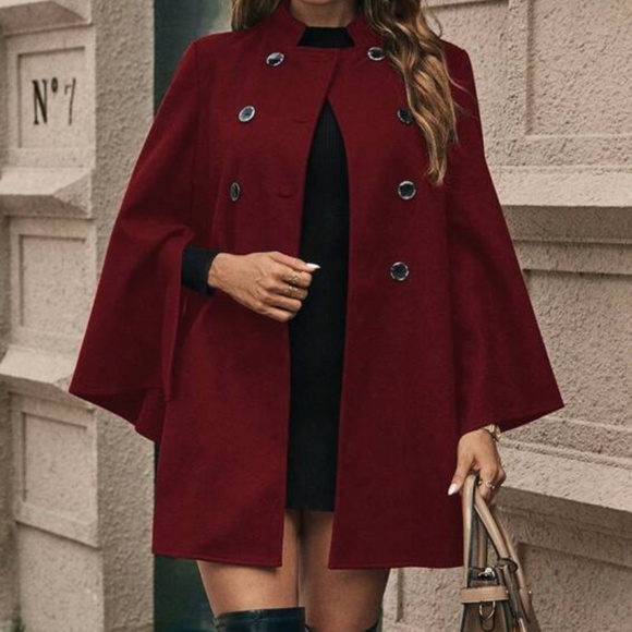 Classic Burgundy Double Breasted button Cape Jacket Coat - Picture 1 of 3